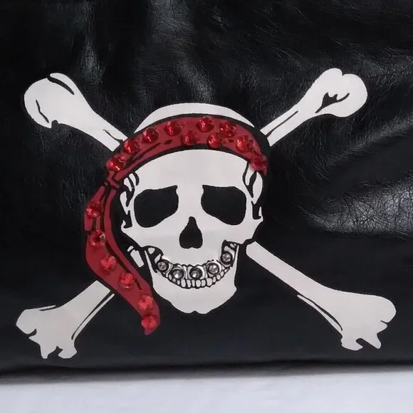 Black Bling Studded Skull Pirate Wristlet with Leather Wrapped Silver Link Chain - Picture 8 of 8